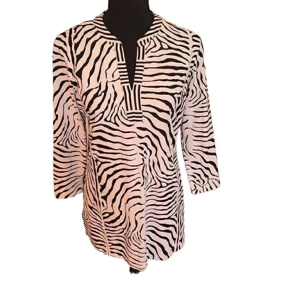 J. McLaughlin Womens Zebra Print Long Sleeve Tunic Top Black White Medium
